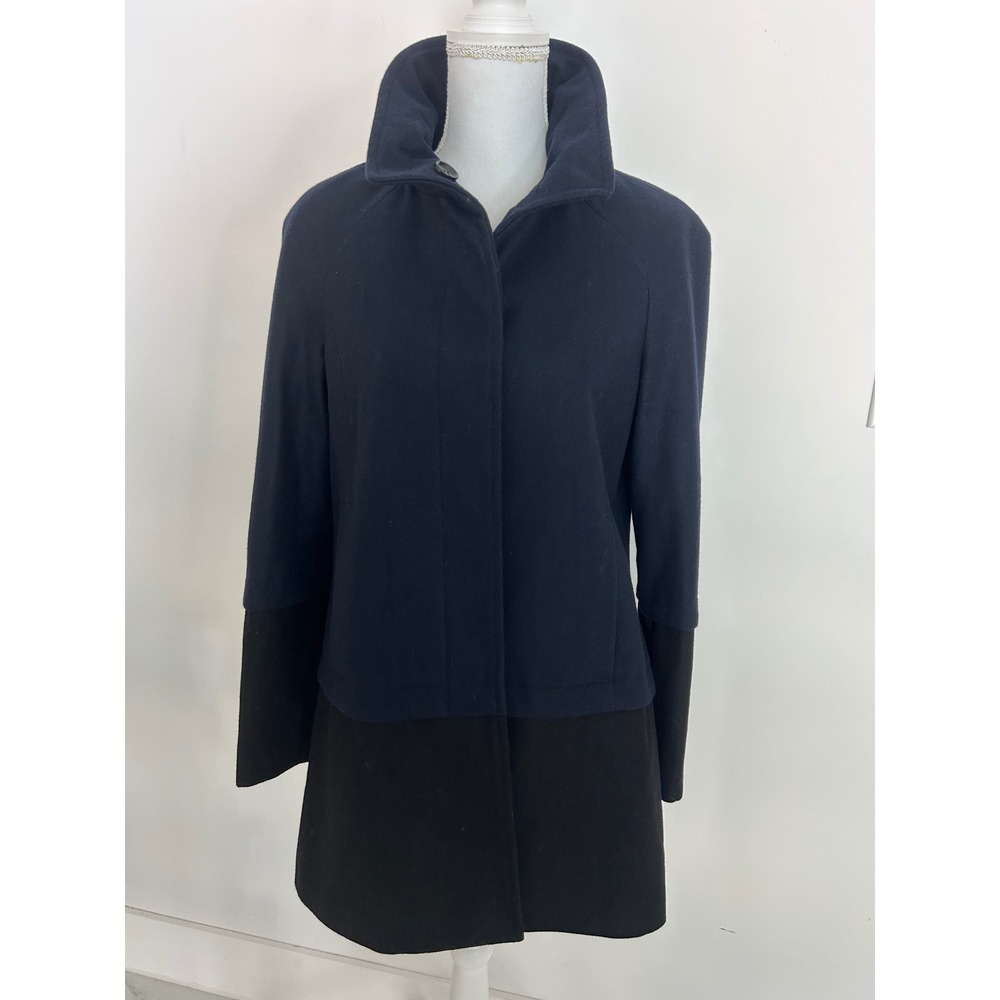 Nine West Womens Navy Blue Black Colorblock Wool Blend Stand Collar Coat Size M